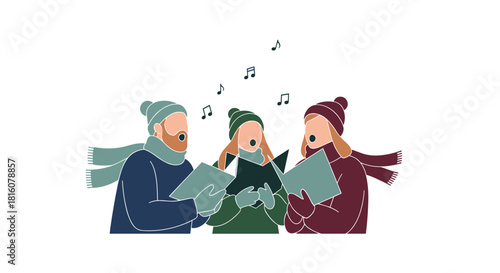Group of friends singing carols together in winter clothing  