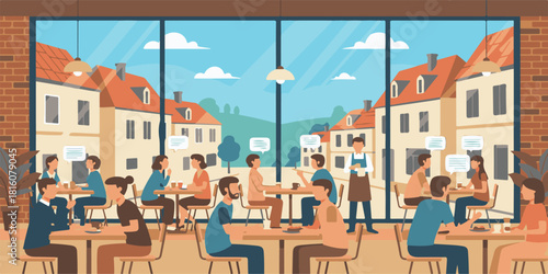 Modern cafe interior with people dining and talking, large windows and city view