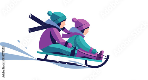 Two children sledding down a hill in winter clothing and joyful motion  