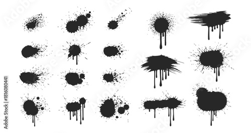 Dynamic black ink splatter and brush stroke textures with drops and blots for artistic grunge and distressed design elements