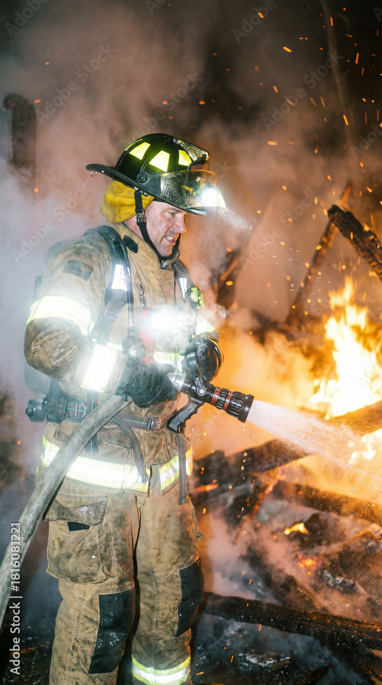 Naklejka premium Firefighter actively battling intense flames. 