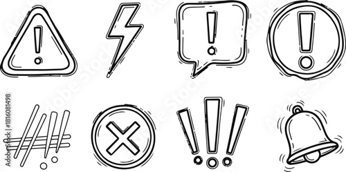 Set of Hand Drawn Warning and Alert Icons Keywords: warning, alert, icon, symbol, exclamation