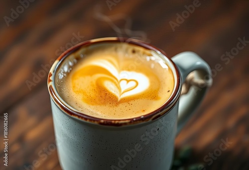 Rustic ceramic mug, creamy cappuccino, frothy milk, coffee aroma,  coffee shop,  cream