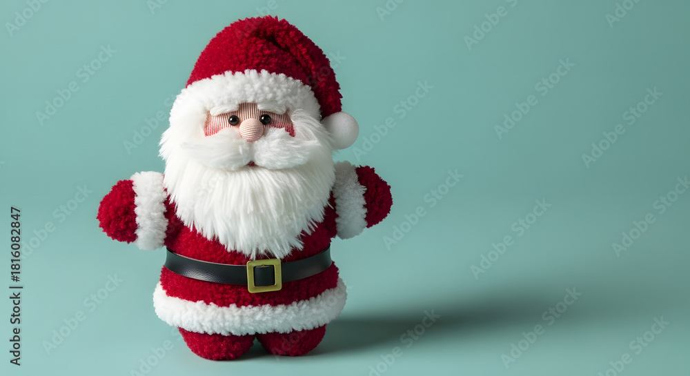 Fototapeta premium Small Plush Santa Figure with Detailed Fabric Textures on Pastel Teal Background