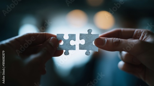 Two hands holding matching puzzle pieces symbolize connection, teamwork, and problem-solving in a blurred background setting.