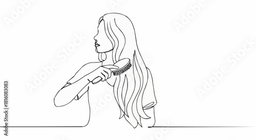 Continuous line drawing of a woman brushing her long flowing hair.