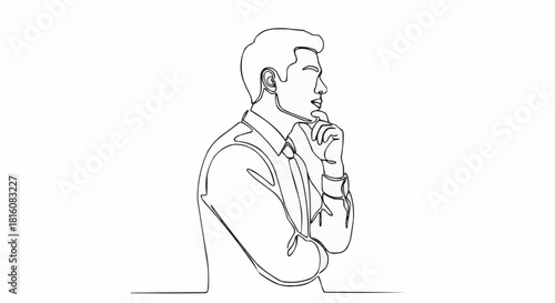 Thoughtful man in a suit contemplating a decision with his hand on his chin.