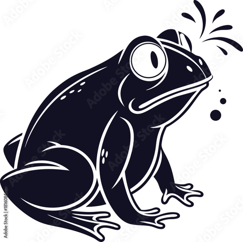 Cartoon illustration of a surprised black frog with big eyes and water splashes