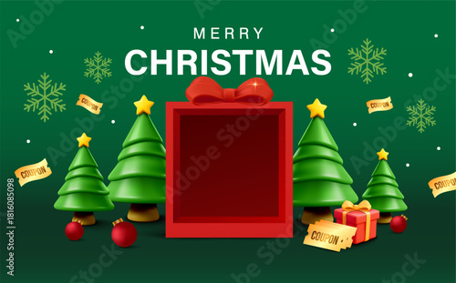 3d festive christmas vector illustration featuring a central gift box surrounded by stylized christmas trees, snowflakes, ornaments, and scattered discount coupons, designed for holiday promotions