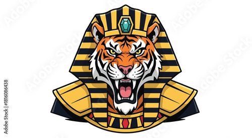 A fierce tiger head wearing an Egyptian pharaoh headdress, roaring with intense expression.