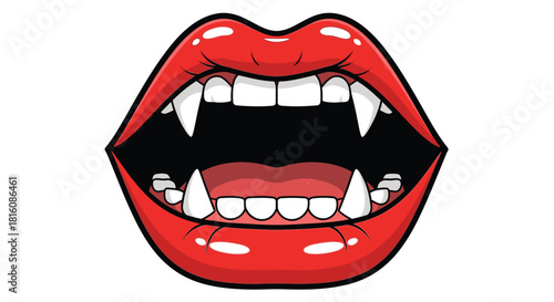Illustration of a mouth with red lips and vampire fangs, open wide.