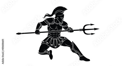Silhouette of a warrior with a trident.
