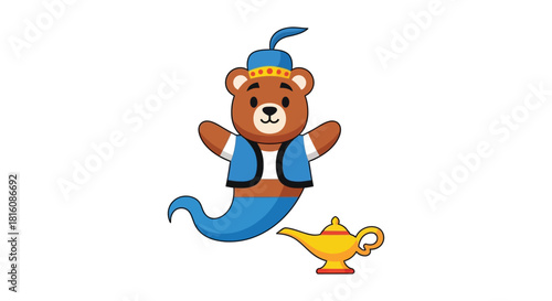 A cute cartoon bear dressed as a genie with a blue vest and hat, floating next to a golden magic lamp on a white background.