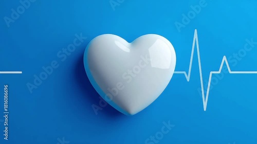 Glossy white heart on a blue surface, with a pale heartbeat line crossing the frame, calm, hopeful.!