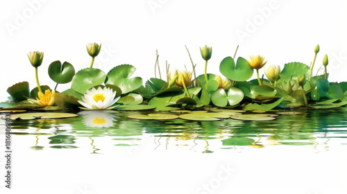 White water lily blossoms and leaves floating in a tranquil pond on a beautiful summer day