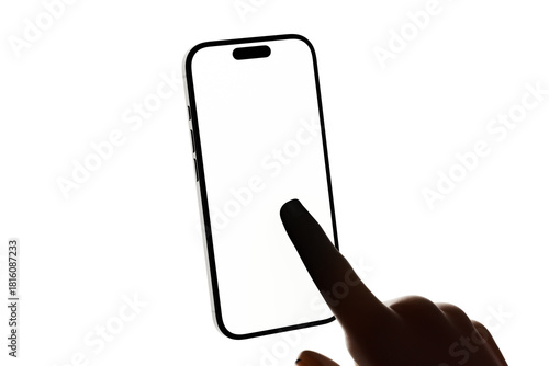 minimal hand touching screen gesture modern phone mobile device in silhouette backlight lighting style white display mockup template isolated 3d render illustration