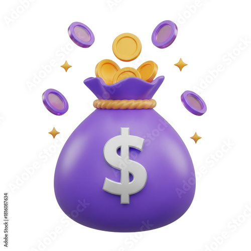 Money bag overflowing with golden coins and dollar sign, financial success 3d render