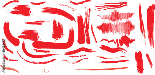 Abstract red brush strokes on white background. A collection of energetic, abstract red brush strokes and marks scattered across a clean white background.