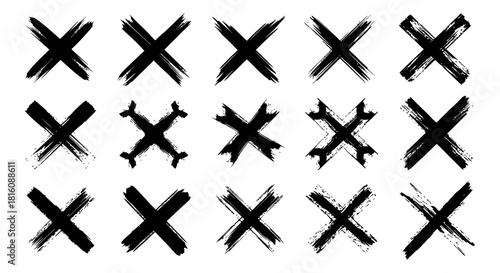 Diverse collection of hand drawn grunge cross marks and paint brushstroke signs with dirty texture presented in various colors and styles