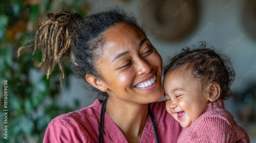 Fototapeta premium Mother and Baby Laughing Together (Pink Scrubs)