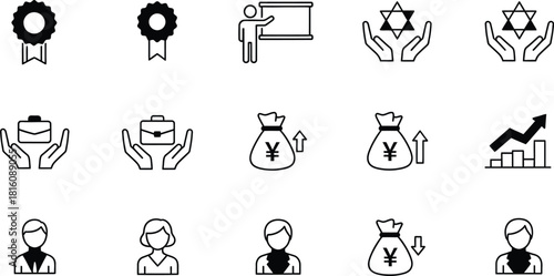 Business and finance icon set awards presentation care money and people