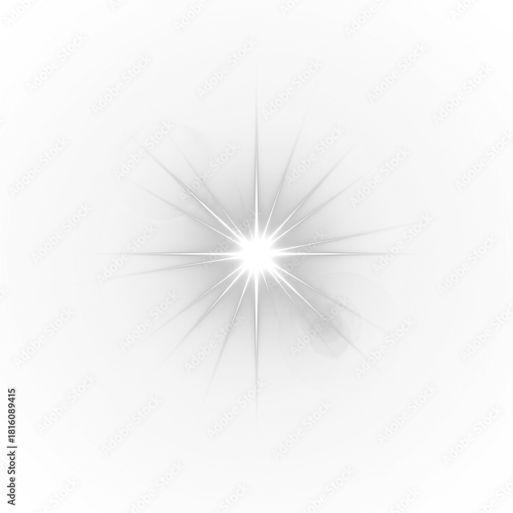 Obraz premium A bright, white cinematic lens flare bursting from the center of a dark black background, emitting sharp star-shaped light rays and soft glowing light orbs. The flare has high contrast, intense lumino