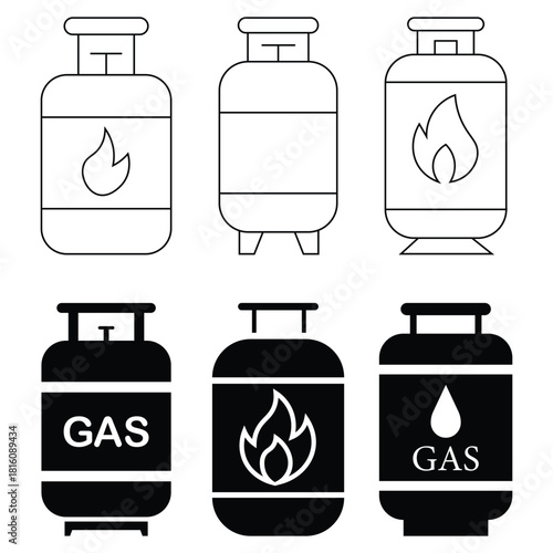Set of gas cylinder silhouette and line icon. Fuel canister pictogram. Lpg cylinder icon. Propane storage and fuel containers. Fuel tank silhouette. Vector illustration.