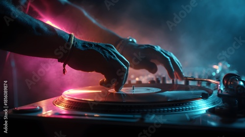 DJ Hands Mixing on Turntable with Neon Lights – Nightclub Performance