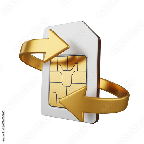 3D SIM Card with Arrow, Mobile SIM and Direction Arrow, Gold SIM Icon, Telecom Data Card Symbol, Isolated on Transparent Background