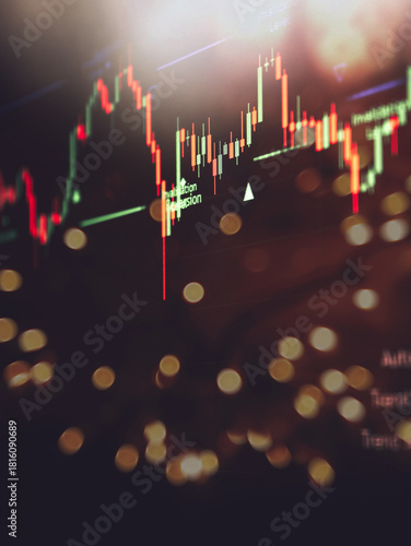 Financial candlestick chart with warm bokeh lights