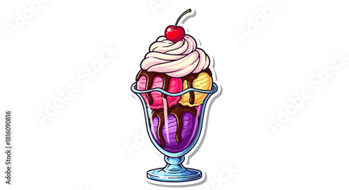 An indulgent and delicious ice cream sundae illustration with multiple scoops, chocolate sauce, whipped cream, and a cherry, perfect for summer treat concepts