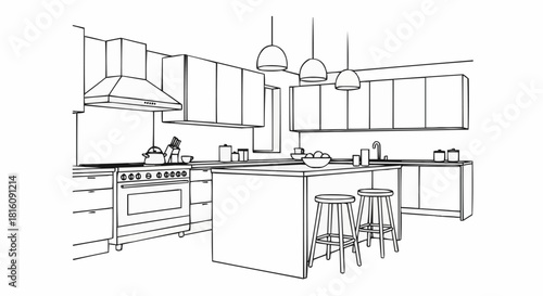 Modern Kitchen Interior Design with Island and Stools Line Art.