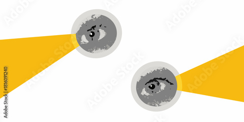 Eyes in circles with yellow light beams on white background