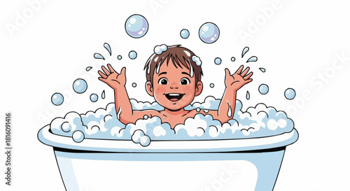 Happy child enjoying a bubbly bath with arms raised and smiling.