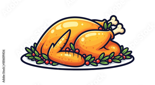 Deliciously Roasted Golden Turkey Surrounded by Festive Holly Berries on a White Plate, A Classic Holiday Feast Illustration