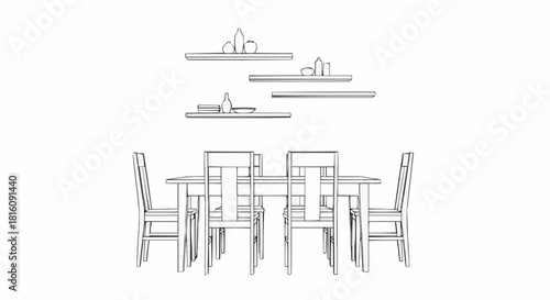 Dining room furniture set with table and chairs, minimalist line art drawing.
