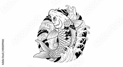 Koi Fish Illustration - A Detailed Black and White Design.