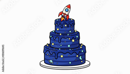 A three-tiered space-themed birthday cake adorned with a rocket and stars, perfect for cosmic celebrations
