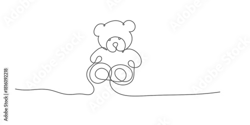 Baby Bear Toy Continuous Single Line Drawing. Bear Teddy Simple Minimalist Illustration. Kids Toy Minimal Vector Sketch Drawing.