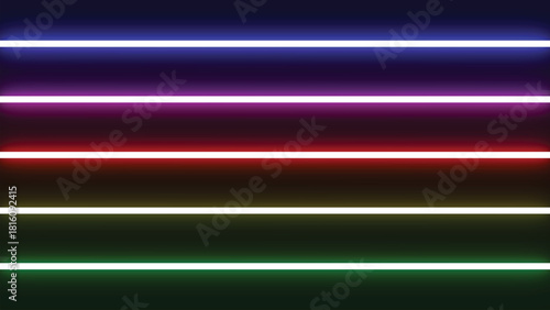 Horizontal Neon Light Lines in Multicolor on Dark Background Abstract Vector