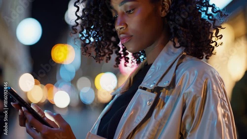 City street at night with urban lights. Woman in jacket types on phone. Light reflects from jacket. Phone screen glows. Woman walks with smile. Urban phone use at night in city street.