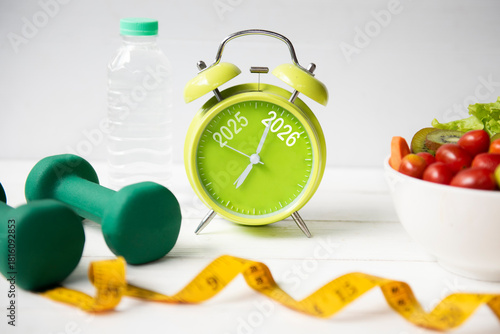 New Year for New Changes Healthy 2026.  Fresh vegetable fruits and healthy food for sport equipment for women diet slimming weight loss.  Healthy and Holiday Concept