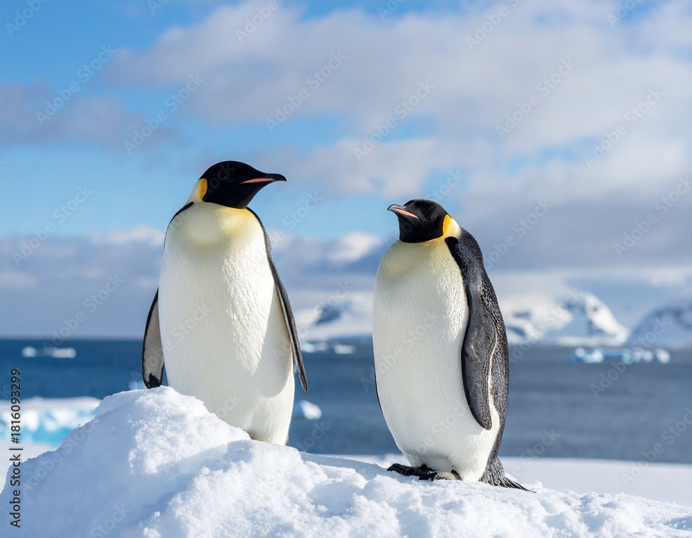 Fototapeta premium Majestic Emperor Penguins Overlooking the Antarctic Seascape