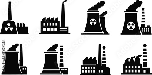 Silhouette of industrial factory icons with radiation symbols