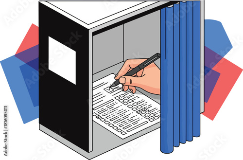 Hand casting vote in a private booth with red and blue political graphics.