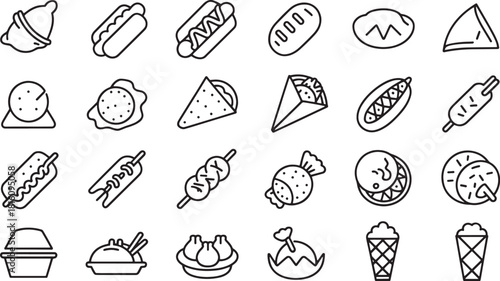 A collection of black outline food icons including hot dogs ice cream and dumplings ice cream cone bread