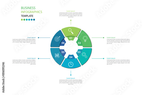 Editable business infographic template design with 6 steps. Infographic template which can be used for presentations banners, workflow layout, annual report, web design.	