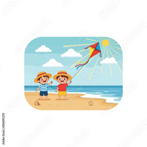 Two children flying a kite on a sunny beach.