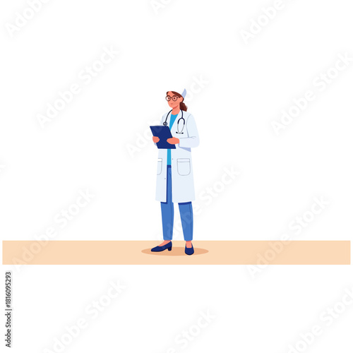 A standing female doctor character with a stethoscope and clipboard illustration.