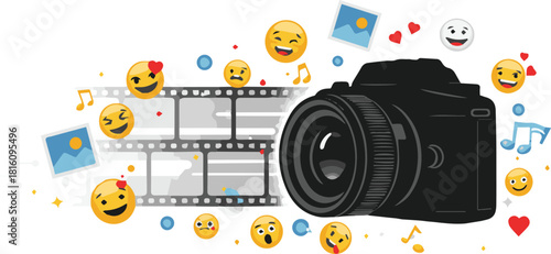 Multimedia Content Creation Concept with Camera, Film Strip, and Emoticons Representing Fun and Engagement